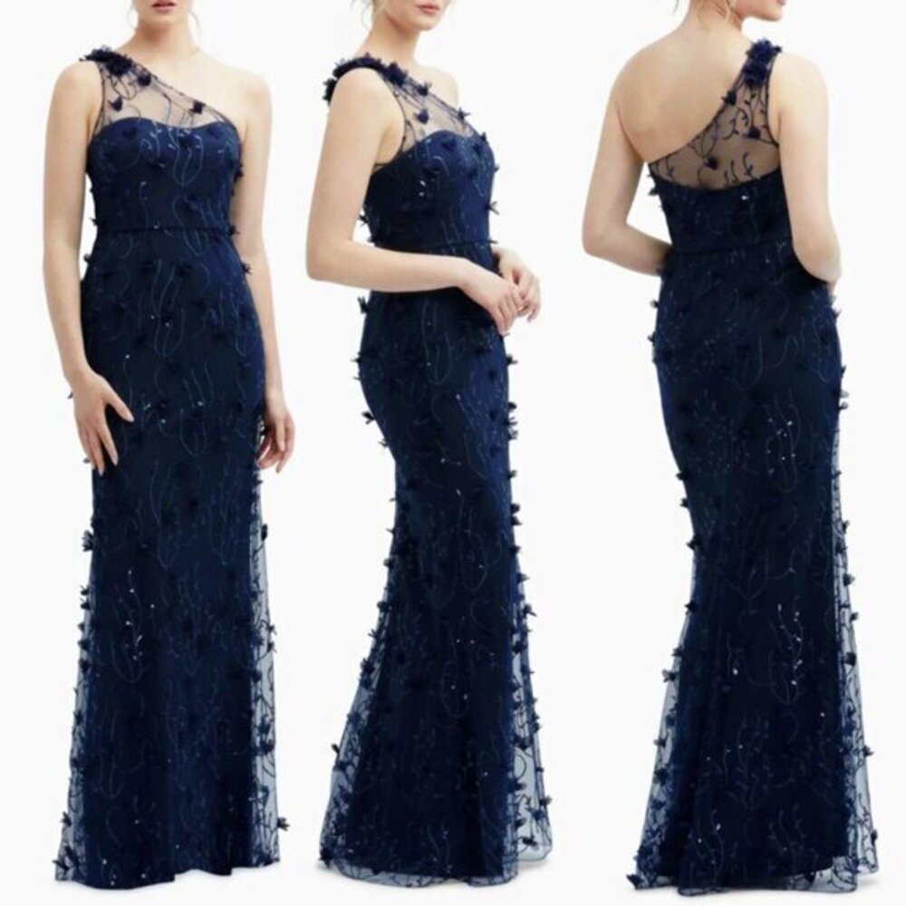 Dessy Collection Size 22W One Shoulder Fit and Flare 3D Floral Appliqué Gown